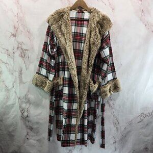 Pottery Barn Robe Women Plaid Faux Fur Hooded Flannel Holiday Christmas Stewart